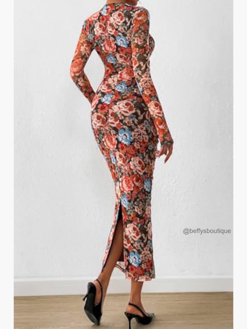 Long Sleeve Maxi Dress Ruched Bodycon Mesh Formal Wedding Guest Cocktail - Picture 5 of 7
